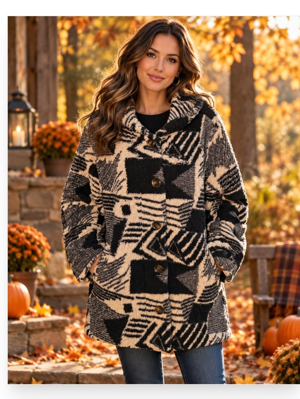 Sabrina Lauren L Sherpa Teddy Coat Hooded Geometric Black Cream Gray